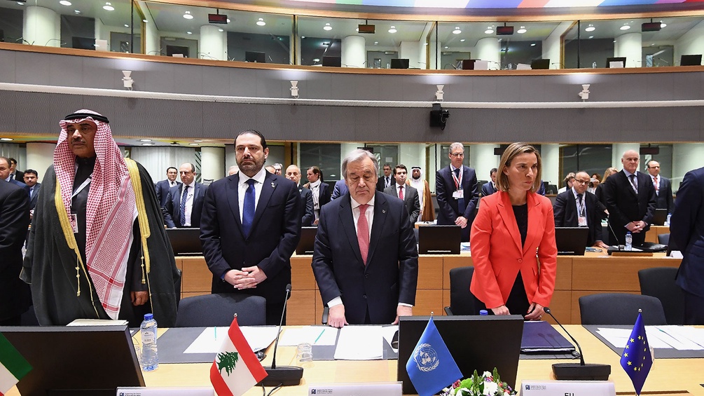 Sabah Al Khalid Al Sabah, Saad Hariri, Antonio Guterres und Borge Brende