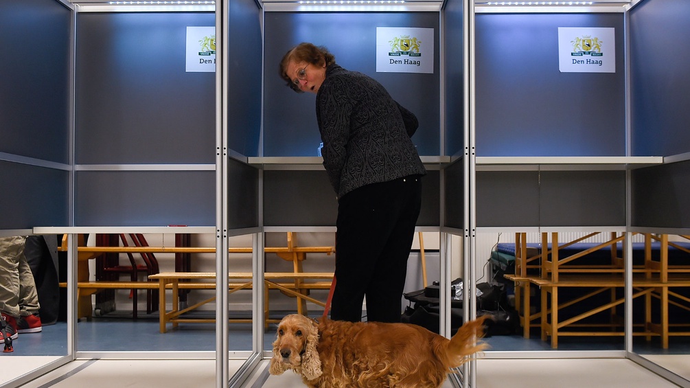 Ältere Frau mit Hund in der Wahlkabine