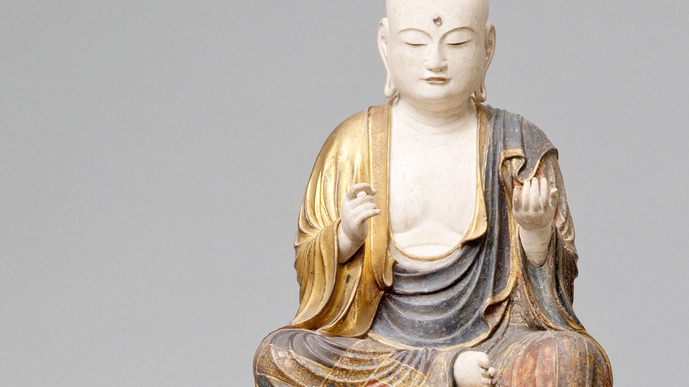 Bodhisattva Jizō, Kleine Statuette, Holz, polychrome Fassung, Goldlack, Glas, Messing