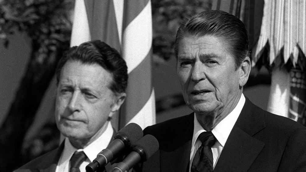 Verteidigungsminister Caspar Weinberger und Ronald Reagan, 1983