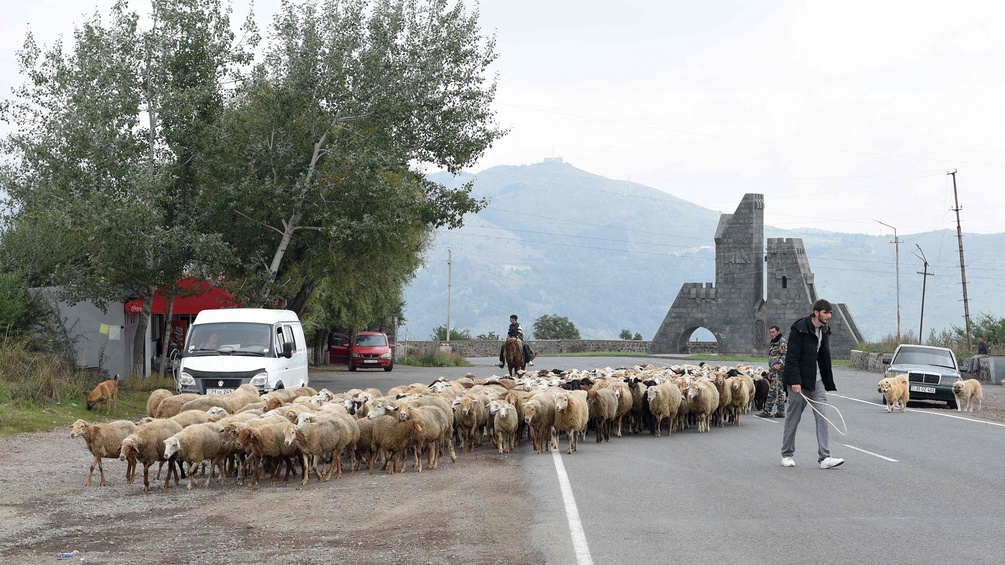 Armenische Flüchtlinge aus Berg-Karabach mit einer Schafsherde