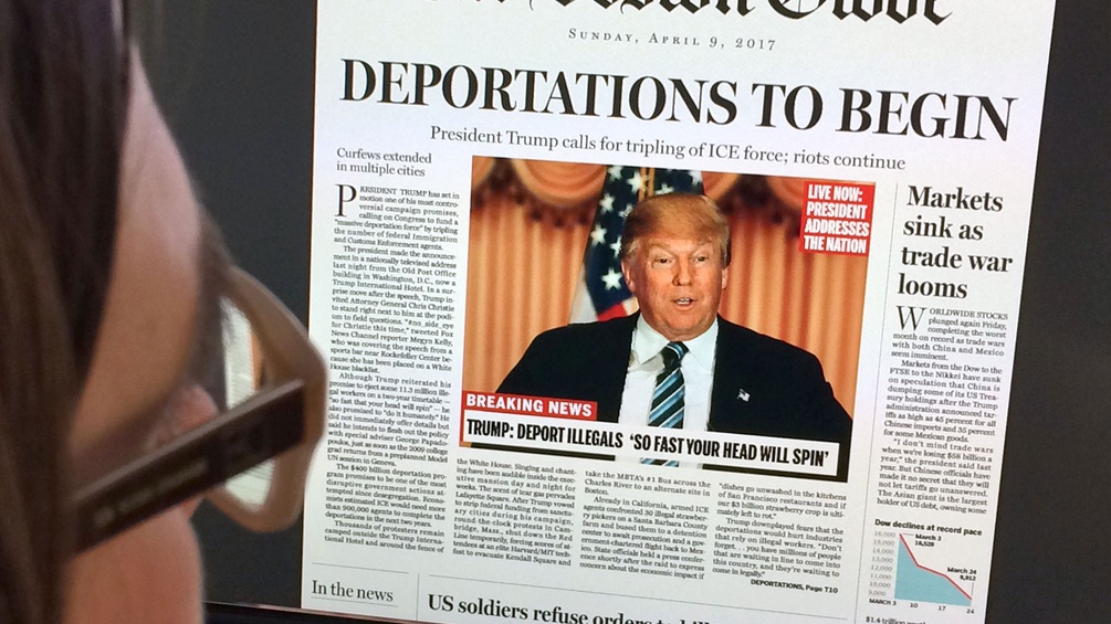 Titelblatt des Boston Globes zeigt einen Screen Shot von Trumps TV-Ansprache. Headline: "Deportations to begin".