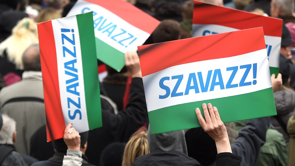 Ungarische Wähler mit Fahnen