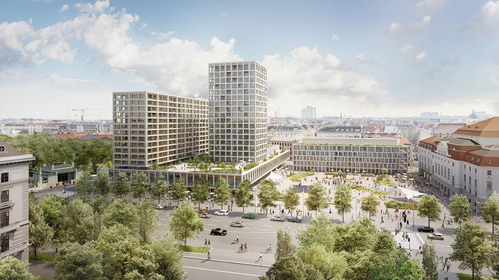 Das Rendering zeigt die Planung für die Neugestaltung des Wiener Heumarkt-Areals, also jenes Stadtgebiet, auf dem sich das Hotel Intercontinental, das Konzerthaus bzw. der Eislaufverein befindet.