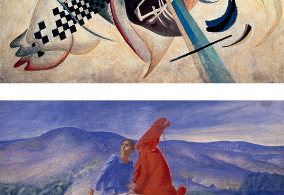 Bildkomposition, Abstraktes Gemälde, Roter Reiter auf blauber Landschaft