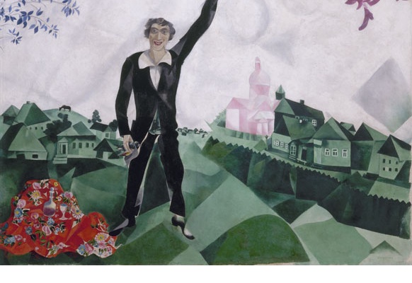Gemälde eines Mannes, der eine fliegende Frau am Arm hält