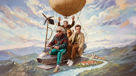 Grafik: Einstein, Schrödinger und Meitner in einem Heißluftballon