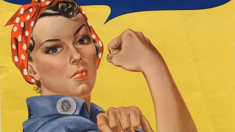 Eine Frau mit aufgekrämpeltem Ärmel und zur Faust geballten Hand, Detail des historischen Posters "Rosie the Riveter"