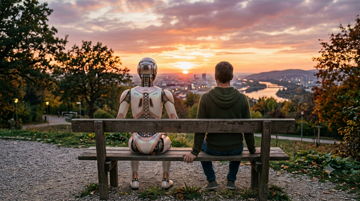 KI-generiertes Bild: Roboter und Mensch auf einer Parkbank