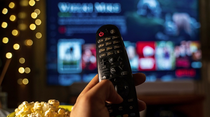 Popcorn, Fernbedienung und Netflix im Hintergrund