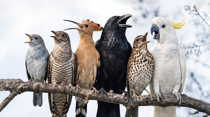 Sechs Vögel auf einem Ast