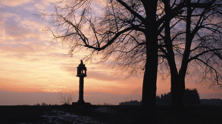 "Gedrehtes Kreuz", spätgotische Lichtsäule, um 1520, an der Straße von der Stadt zum Stift Zwettl. Waldviertel.
