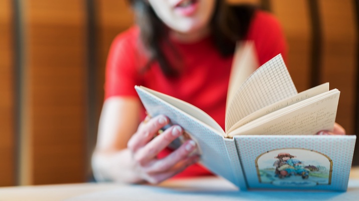 Frau blättert im Tagebuch