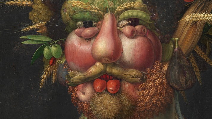 Kompositbild, Männerporträt aus Obst, Gemüse, Getreide und Blumen