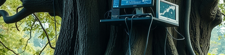 KI-generiertes Bild: Dicker alter Baum mit Computermonitoren 