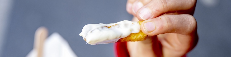 Hand hält Pommes Frites mit Mayonnaise