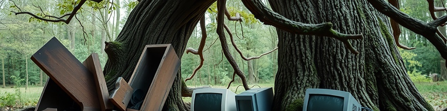 KI-generiertes Bild: Ein alter Baum mit Wurzeln und altem Computer(zubehör)