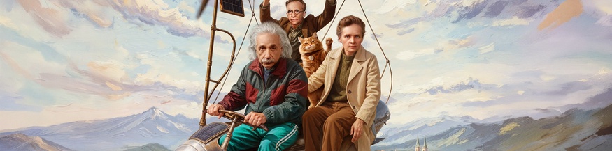 Grafik: Einstein, Schrödinger und Meitner in einem Heißluftballon