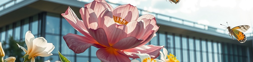 KI-generiertes Bild: Blumen, Schmetterlinge und Konzerngebäude
