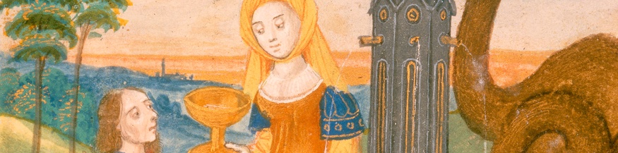 "Rebekka und Eliezer am Brunnen", Buchmalerei (Ausschnitt), Kelchquelle