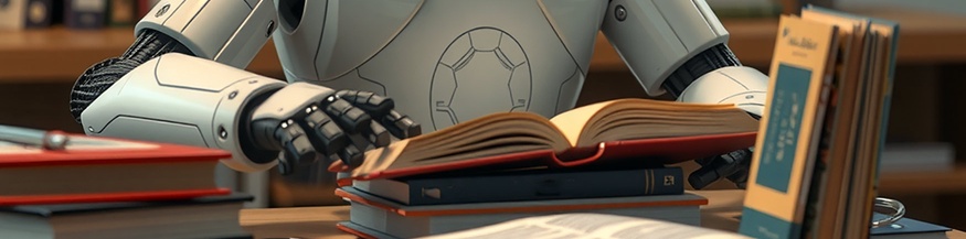 KI-generiertes Bild: Ein Roboter sitzt am Tisch mit Büchern