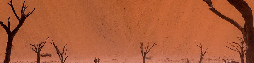 Die rot flimmernde Wüste Namibias. Zwei Schatten wandern durch die Landschaft.