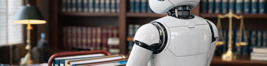 KI-generiertes Bild: Roboter schiebt einen Aktenwagen in einer Rechtsanwaltskanzlei