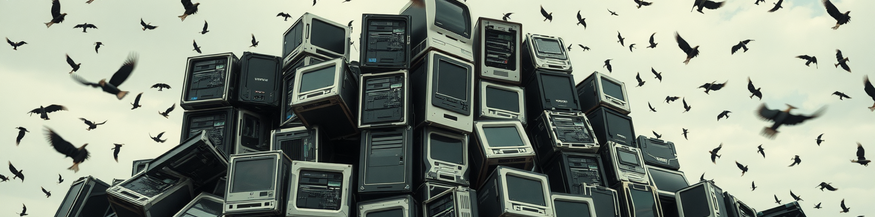 KI-generiertes Bild: Ein Berg Computer, umschwärmt von Vögeln