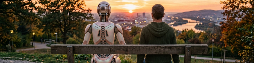 KI-generiertes Bild: Roboter und Mensch auf einer Parkbank
