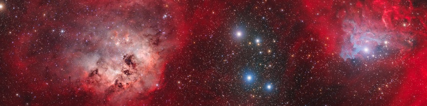 Kaulquappen-Nebel und Flaming Star Nebel (Flammender-Stern-Nebel) Deep-Sky-Weitwinkelaufnahme zeigt zwei prominente Emissionsnebelkomplexe im Sternbild Fuhrmann.