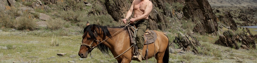 Wladimir Putin mit einem nackten Oberkörper auf einem Pferd