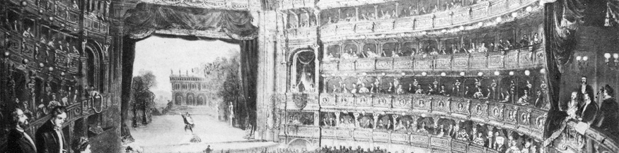 ÖNB Eröffnungsvorstellung im neuen Haus der Wiener Hofoper mit "Don Juan". Innenansicht mit Blick auf die Bühne. Zeitgenössisches Aquarell. Fotografische Reproduktion.  (Ausschnitt)