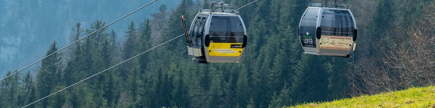 Kabinenbahn über einen grünen Berghang