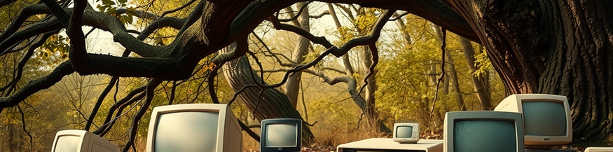 KI-generiertes Bild: Ein alter Baum mit Wurzeln und altem Computer(zubehör), Computer-Wald