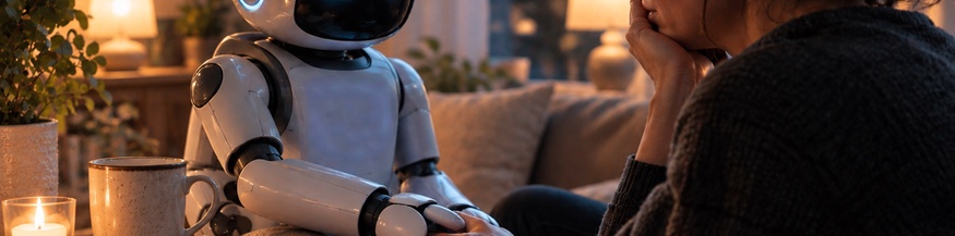 KI-generiertes Bild: Ein kleiner Roboter tröstet eine Frau