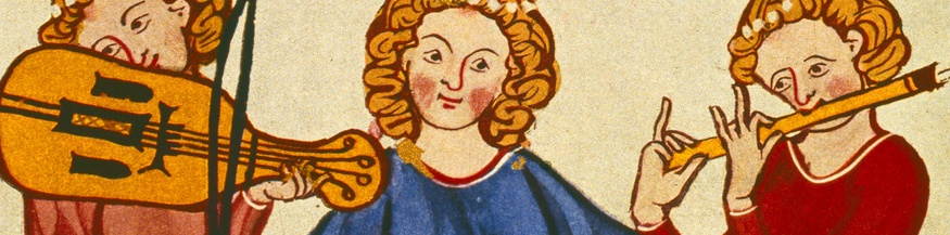 Buchmalerei, Zürich um 1310-1340 .Der Lied- und Spruchdichter Kanzler zwischen einem Flötenspieler und einem Fiedler (Ausschnitt der Abbildung)