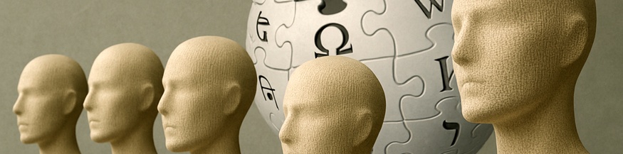 Gesichtslose Schaufensterpuppen mit Wikipedia-Puzzle-Ball im Hintergrund, Erstellt mit Hilfe von ChatGPT (DALL·E von OpenAI)