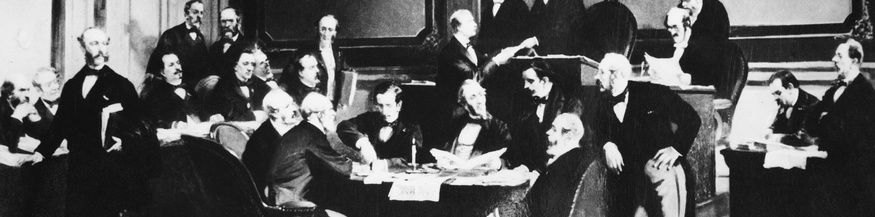 Am 22. August 1864 wurde die erste Genfer Konvention unterzeichnet. Das Bild vom Maler Dumaresq zeigt, wie General Dufour das Dokument einem der Bevollmächtigten im Genfer Rathaus unterbreitet. Neben ihm der Rot-Kreuz-Mitbegründer Gustav Moynier.