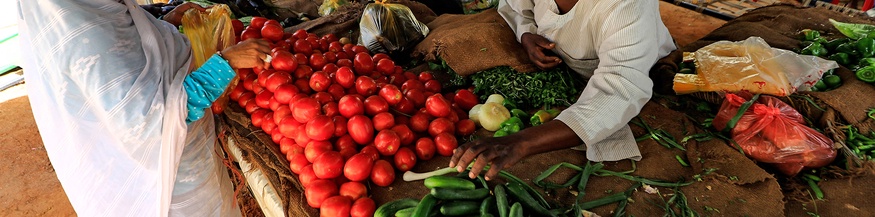 Eine Frau kauft Gemüse von einem Markstand im Sudan.