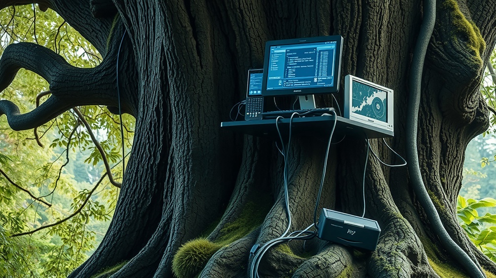 DALL-E KI-generiertes Bild: Dicker alter Baum mit Computermonitoren