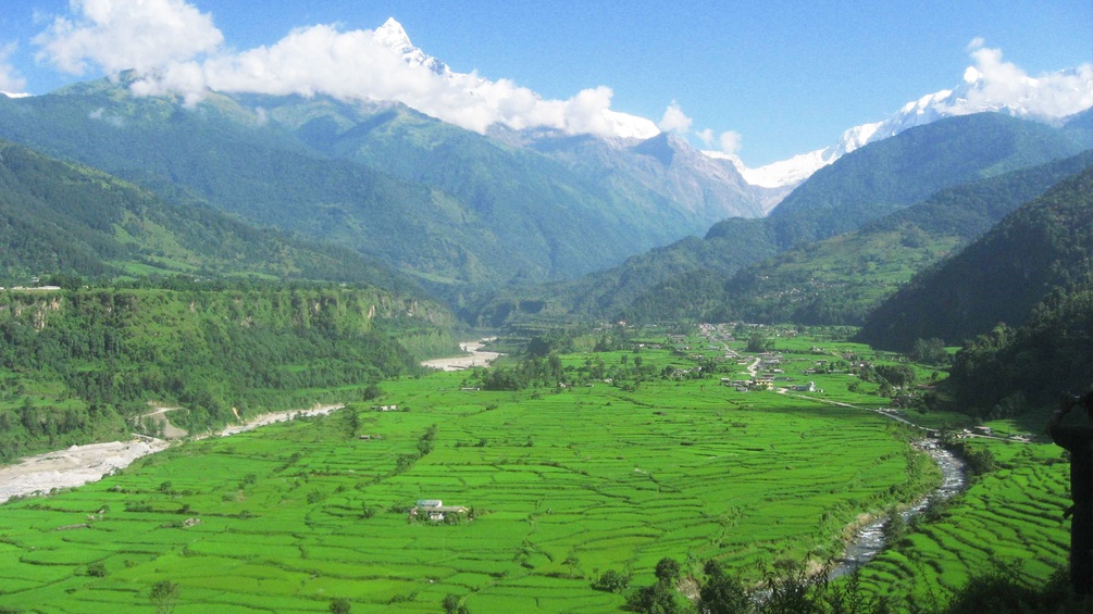 Ein Fluss schlängelt sich durch die grüne Bodenlandschaft vor dem Himalaya.