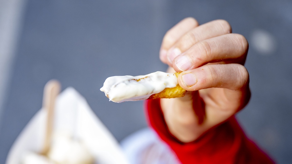 Hand hält Pommes Frites mit Mayonnaise