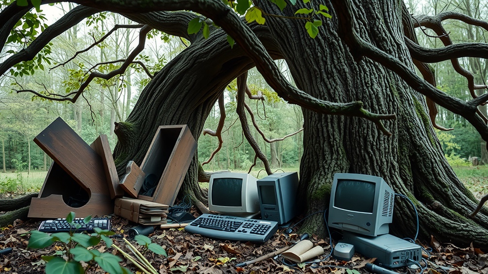 DALL-E KI-generiertes Bild: Ein alter Baum mit Wurzeln und altem Computer(zubehör)