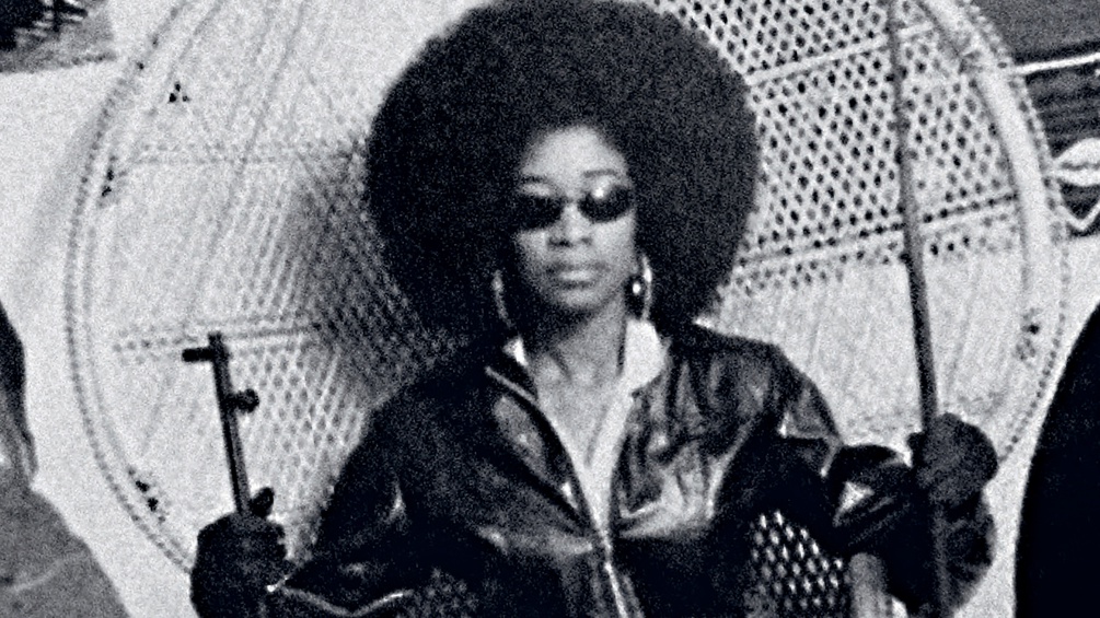 Ausschnitt des Buchumschlags, Frau mit Afrofrisur und Waffen