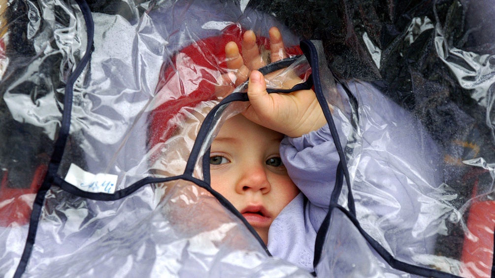 Ein Baby im Kinderwagen schaut durch die Regenplane