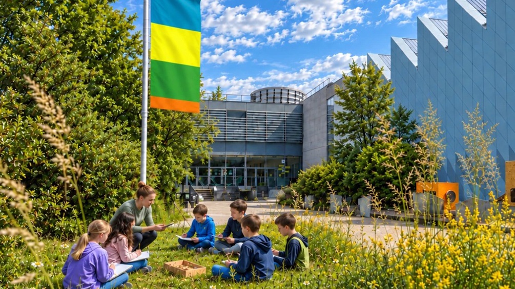 Kinder sitzen vor einem Museum