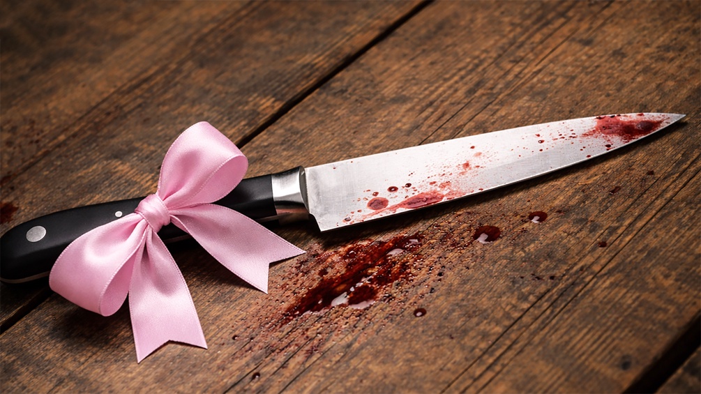 KI-generiertes Bild: blutiges Messer mit einer rosafarbenen Masche