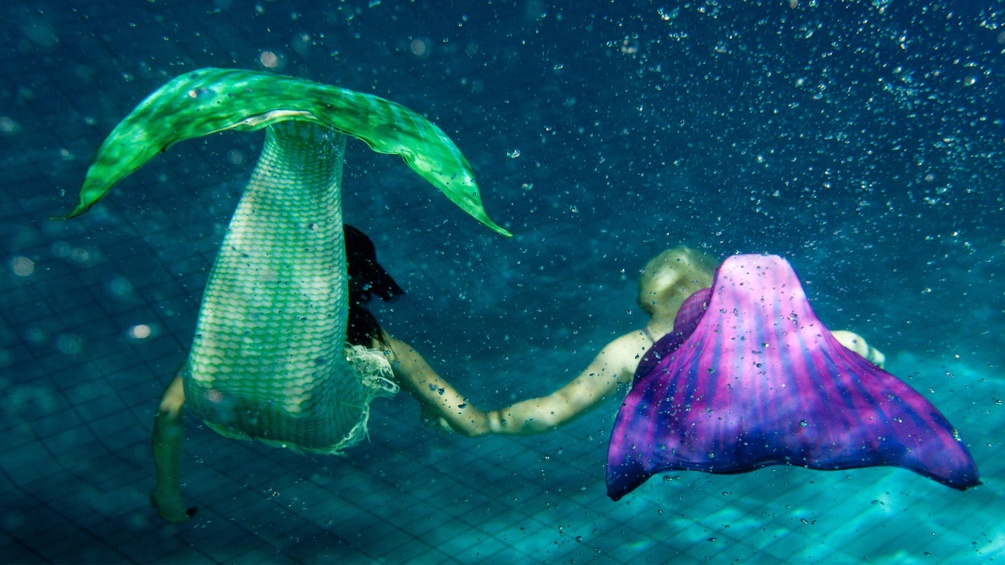 Zwei Frauen mit Monoflosse unter Wasser