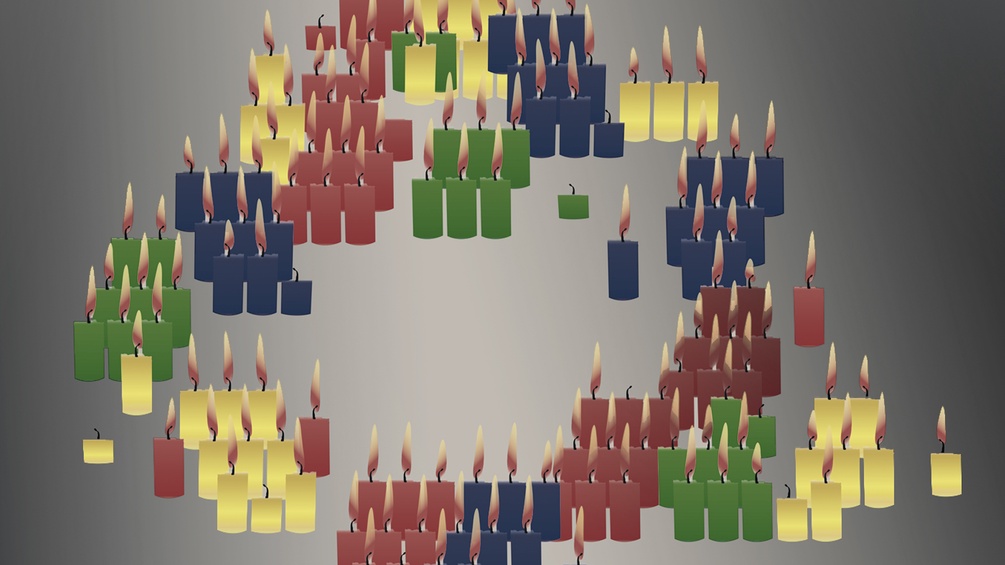 Illustration mehrerer Kerzen in einem Kranz angeordnet.