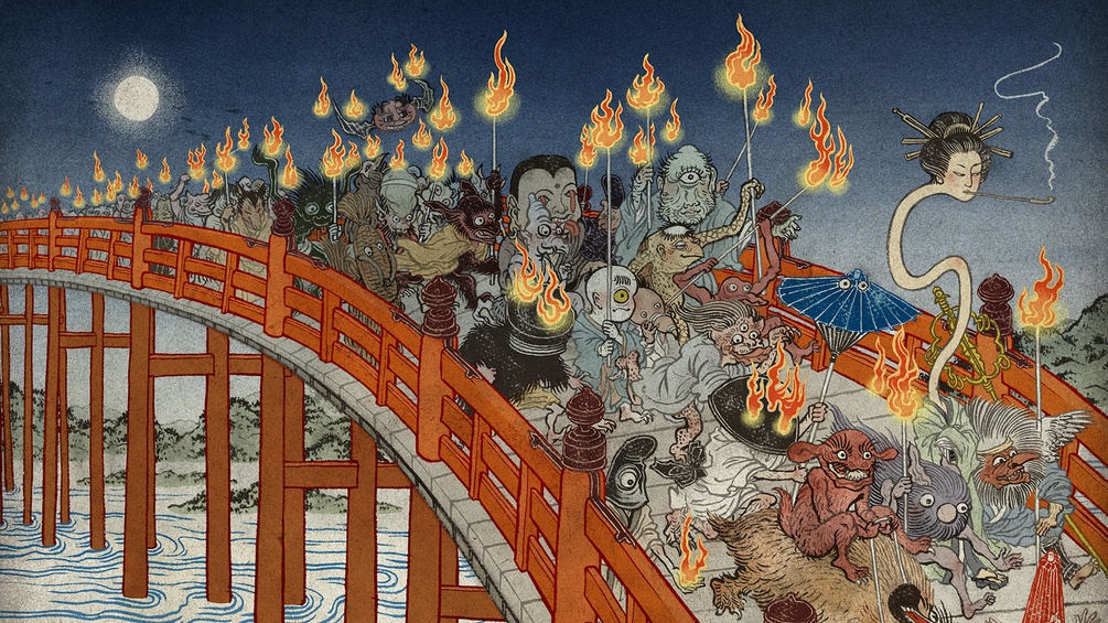 Geisterfiguren überquerne eine Holzbrücke